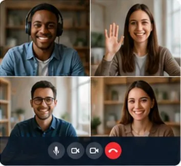 Video call with four smiling students and volunteers
