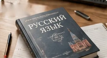 Russian language textbook on a desk