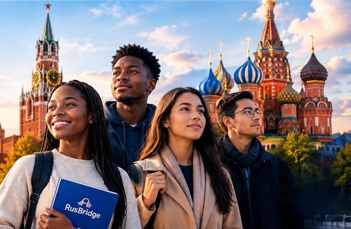 Four students in front of the Kremlin's Spasskaya Tower and Saint Basil's Cathedral in Moscow