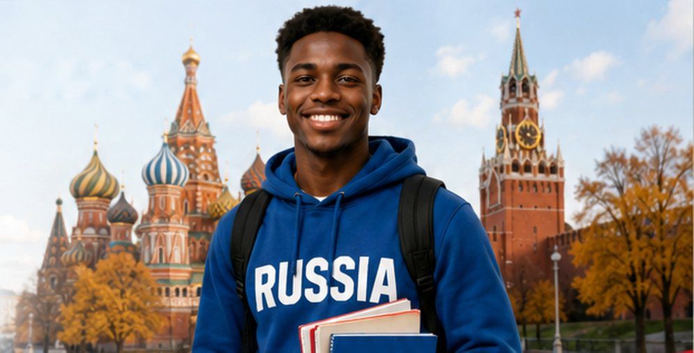Smiling student in a Russia hoodie holding Russian textbooks, with Saint Basil's Cathedral and the Kremlin behind him